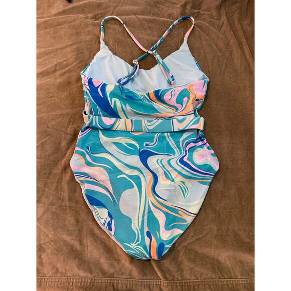 Palms Away Blue Tye Dye One Piece with Belt CrissCross Straps - Picture 4 of 5